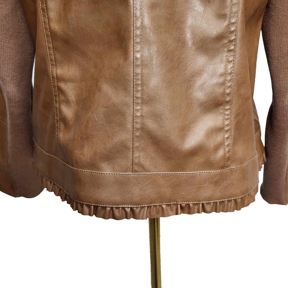 Chico's Size 1 (Reg. Med.) Tan Faux Leather Jacket Full Zip Lined Side Pockets - Picture 6 of 16